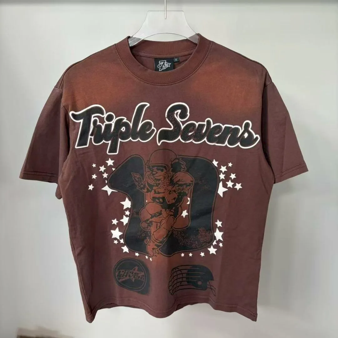 TRIPLE SEVENS Vintage Washed Antique Short-Sleeved T-Shirt - Men's and Women's Cartoon Printed Round Collar Casual Shirt