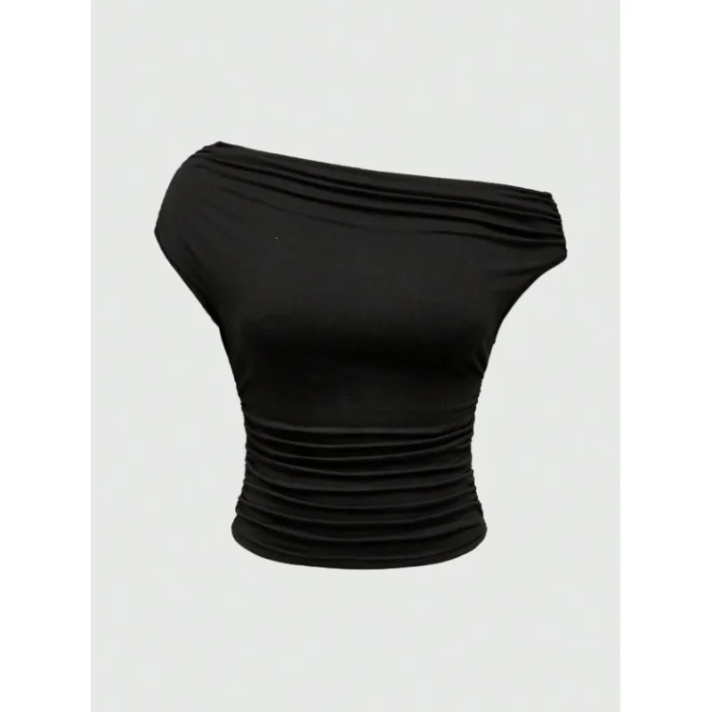 Off Shoulder Draped Ruched Top Asymmetrical Neck Cap Sleeve Slim Cropped Y2K Solid Blouse