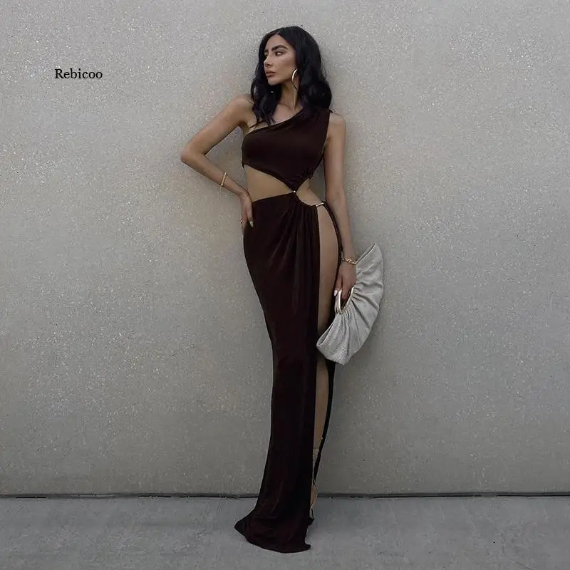 

2022 Summer Sexy Oblique Shoulder Sleeveless Cut Out Slit Maxi Dress Elegant Women Party Club Dresses Female New