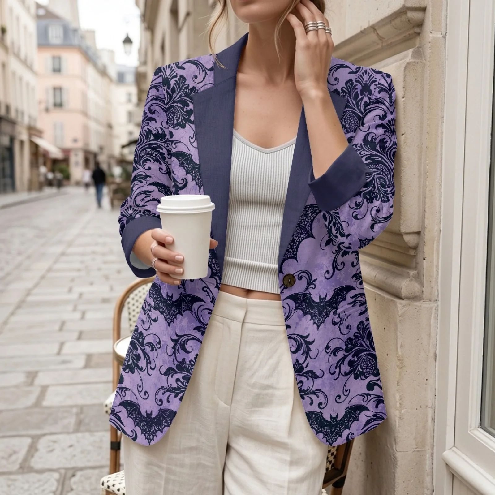 PENSTROLL Halloween Women's Linen Like Blazer with Bat Damask Pattern, Open Front Outerwear for Work and Vacation, Sizes S-3XL view 3