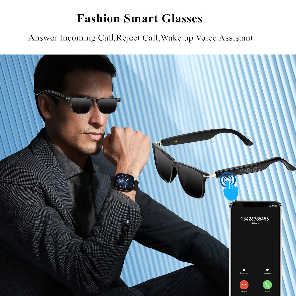 Smart Glasses Man Style Support Music Listen Wake up Voice Assistant Receive/Reject Call UV Protect Smart Glasses Sunglasses