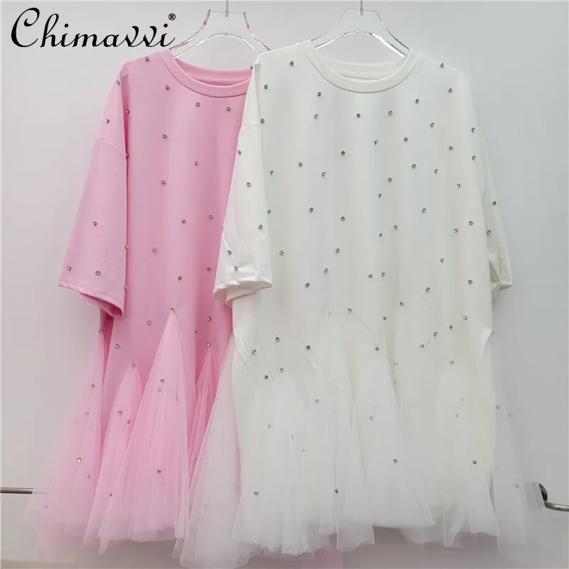 

Summer New European Products Loose Fashion Casual Solid Color Tshirt Dress Elegant Mesh Splicing Nails Diamond Round Neck Dress