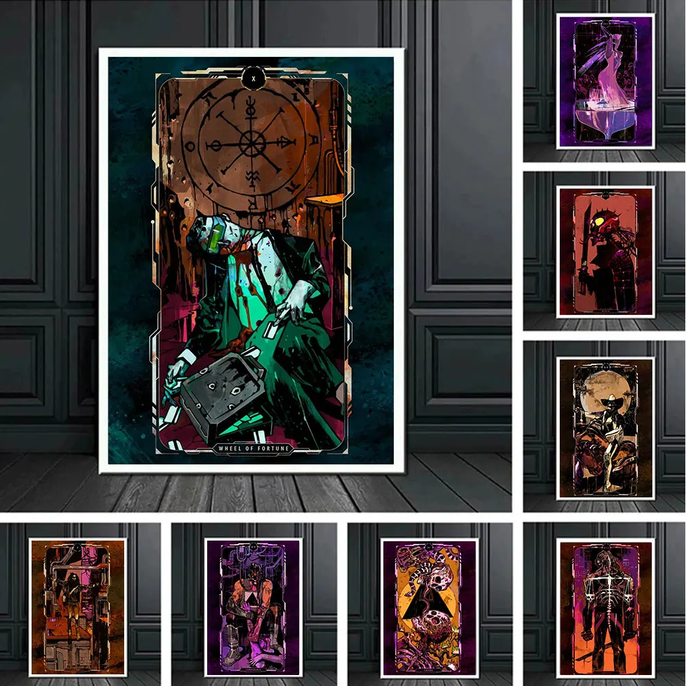 Cyberpunk Demon Tarot Card Posters Print Wheel of Fortune Canvas Painting Wall Art Pictures For Living Room Home Gift Decoration