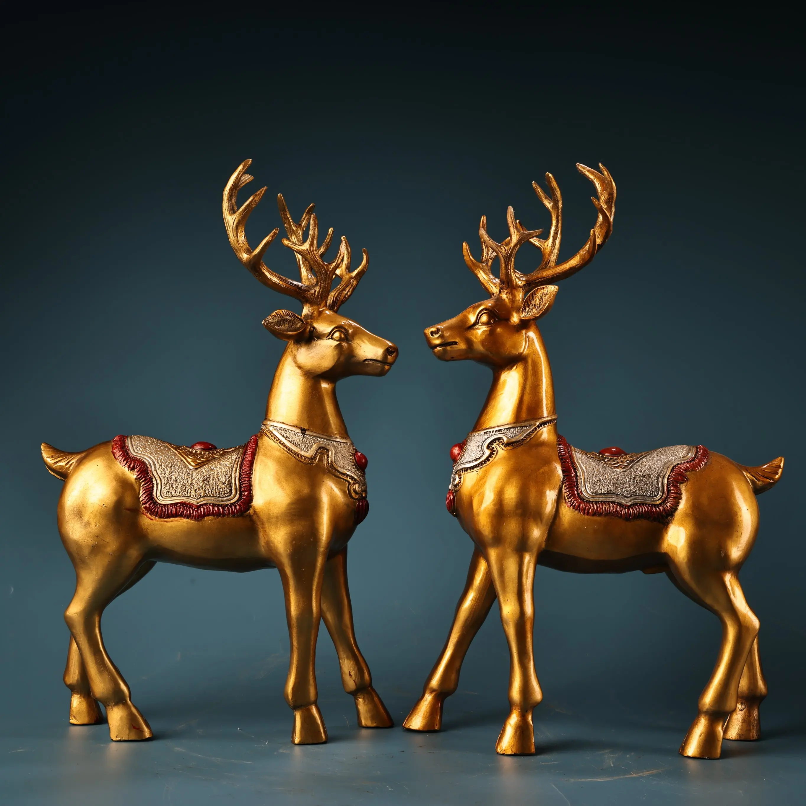 

15"Tibetan Temple Collection Old Bronze Gilded High Relief Painted Longevity Deer Statue A Pair Amass wealth Ornaments