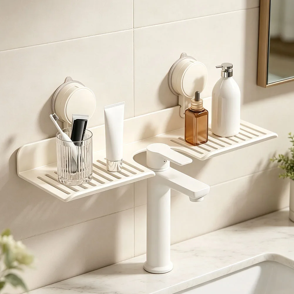 No-Drill Suction Cup Bathroom Shelf U-Shaped for Sink Vanity Toilet Area Aluminum Alloy Quick Dry Drain Hole 40x15x6cm