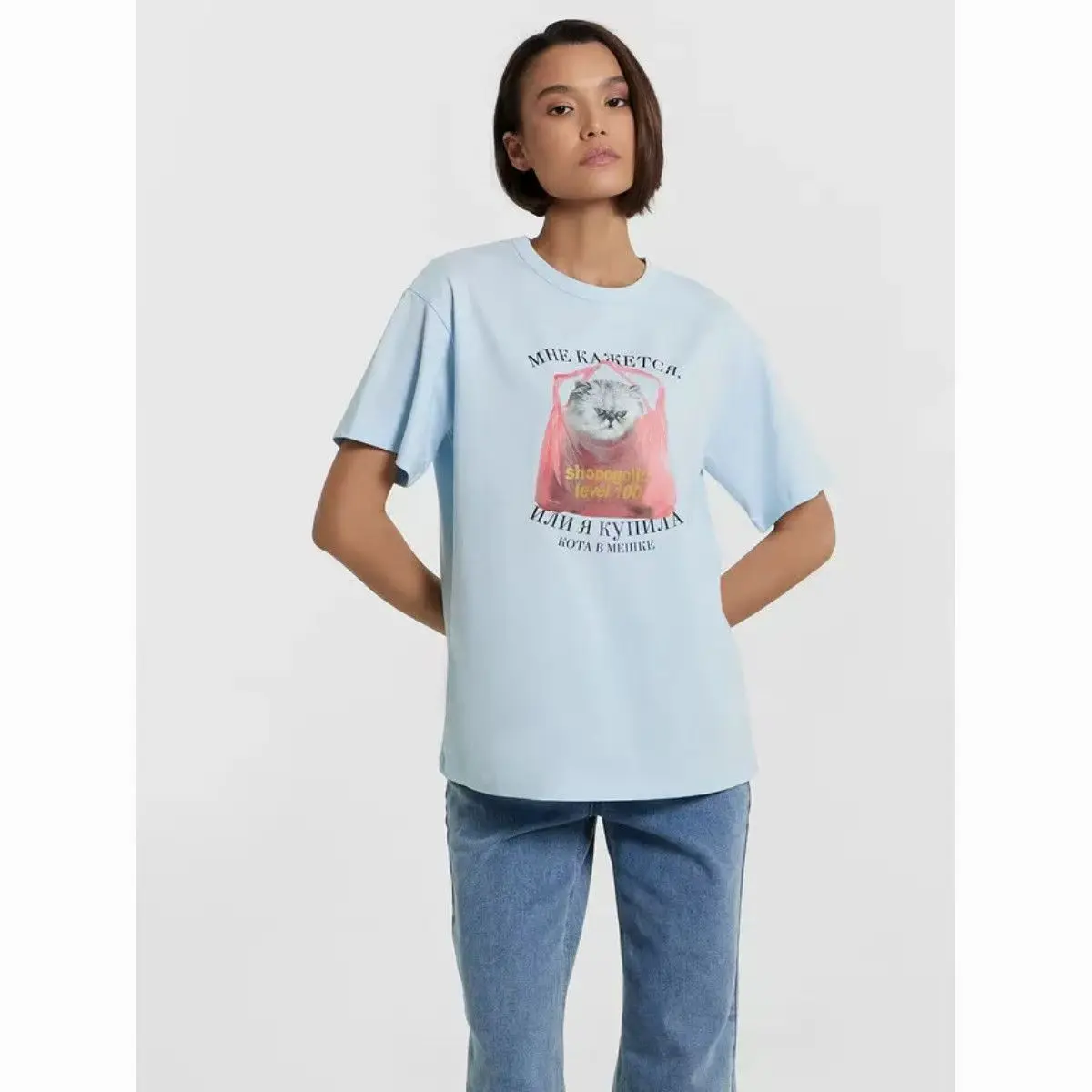 Funny Cat Animal Print Sky Blue Russian Letter Women T-shirts Loose Streetwear Unisex Short Sleeve Girls Tees Female Tops Summer