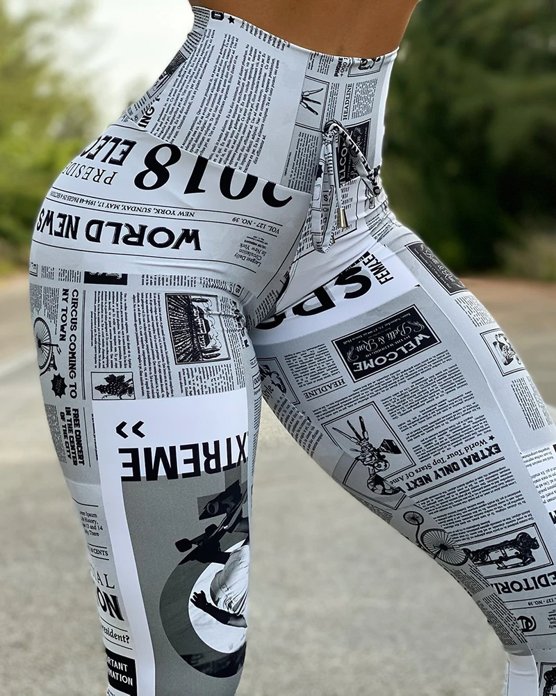 2024 Summer Workout Leggings Black White High street Newspaper Letter Print Streetwear Legging Fitness Women Sexy Casual Trouser