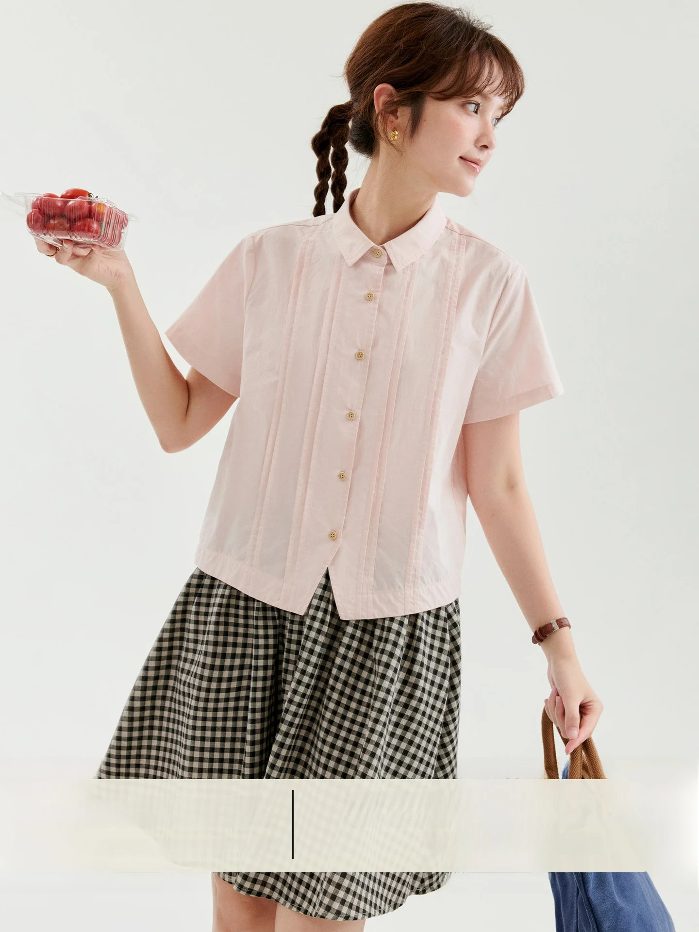 AMUU Original Pure Cotton Pleated Short Sleeve Shirt Women's Summer New Style Turn-down Collar Pink Split Casual Breathable