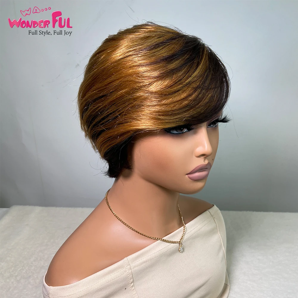 Pixie corta peruca de cabelo humano com franja para mulheres, cabelo brasileiro curto, cabelo remy, sem cola e reto, destaque loiro dourado,