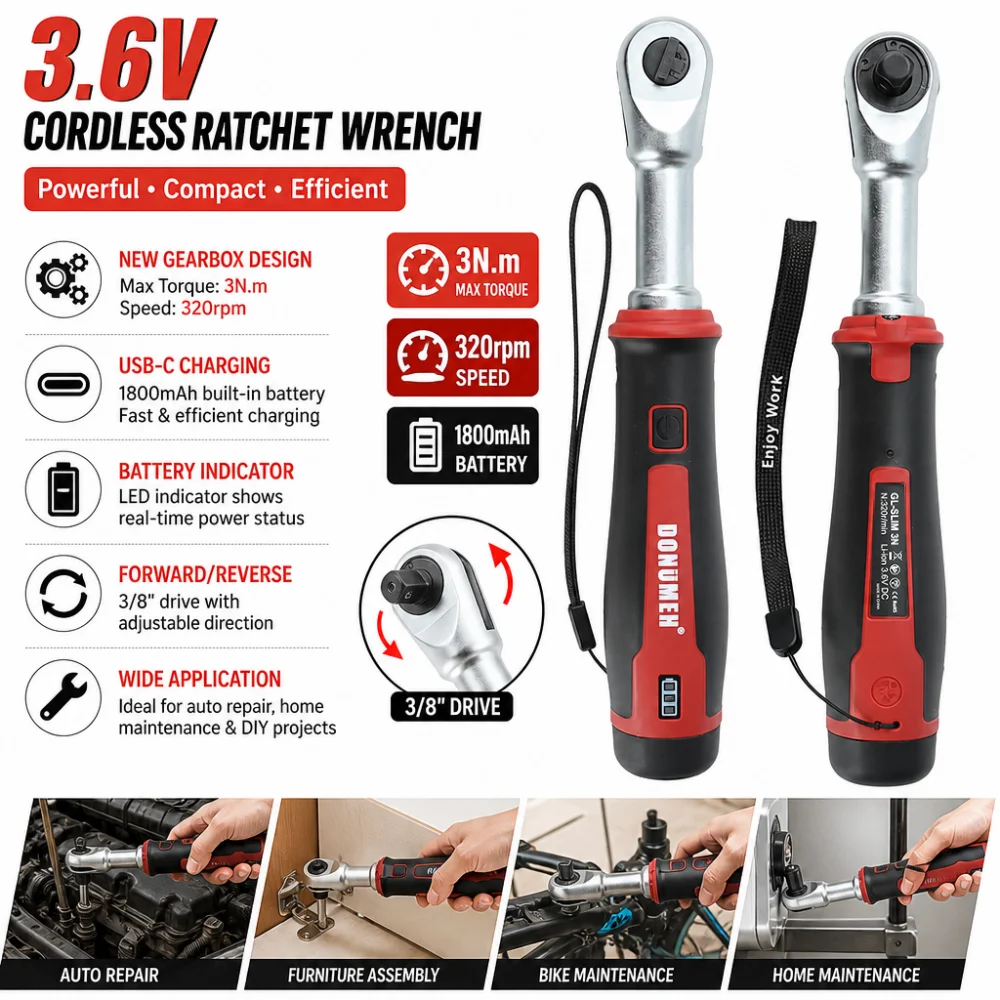 3.6V Ratchet Power Wrench, 1/4-inch and 3/8-inch Automatic/Manual Rechargeable Wrenches, Automotive Repair Tools,Type-C Port