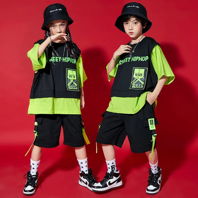 

Boys Hip Hop Clothing Fake Two-piece Top Black Short with Fluorescent Ribbon for Girls Kids Jazz Dance Costume Clothes Set