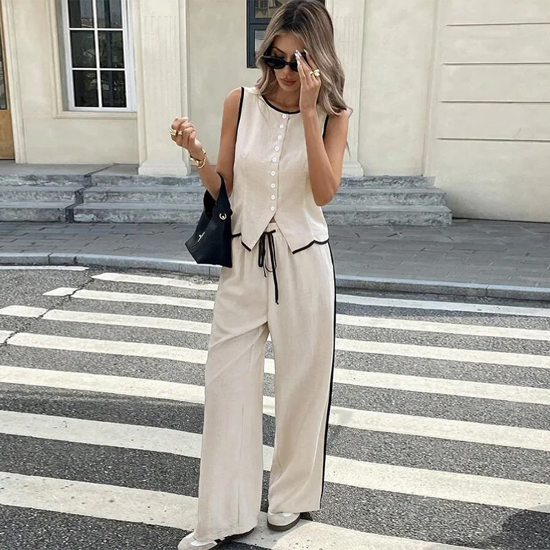 

Women's clothing 2025 summer new fashion color block round neck vest top wide leg trousers casual suit club clothing Vestidos