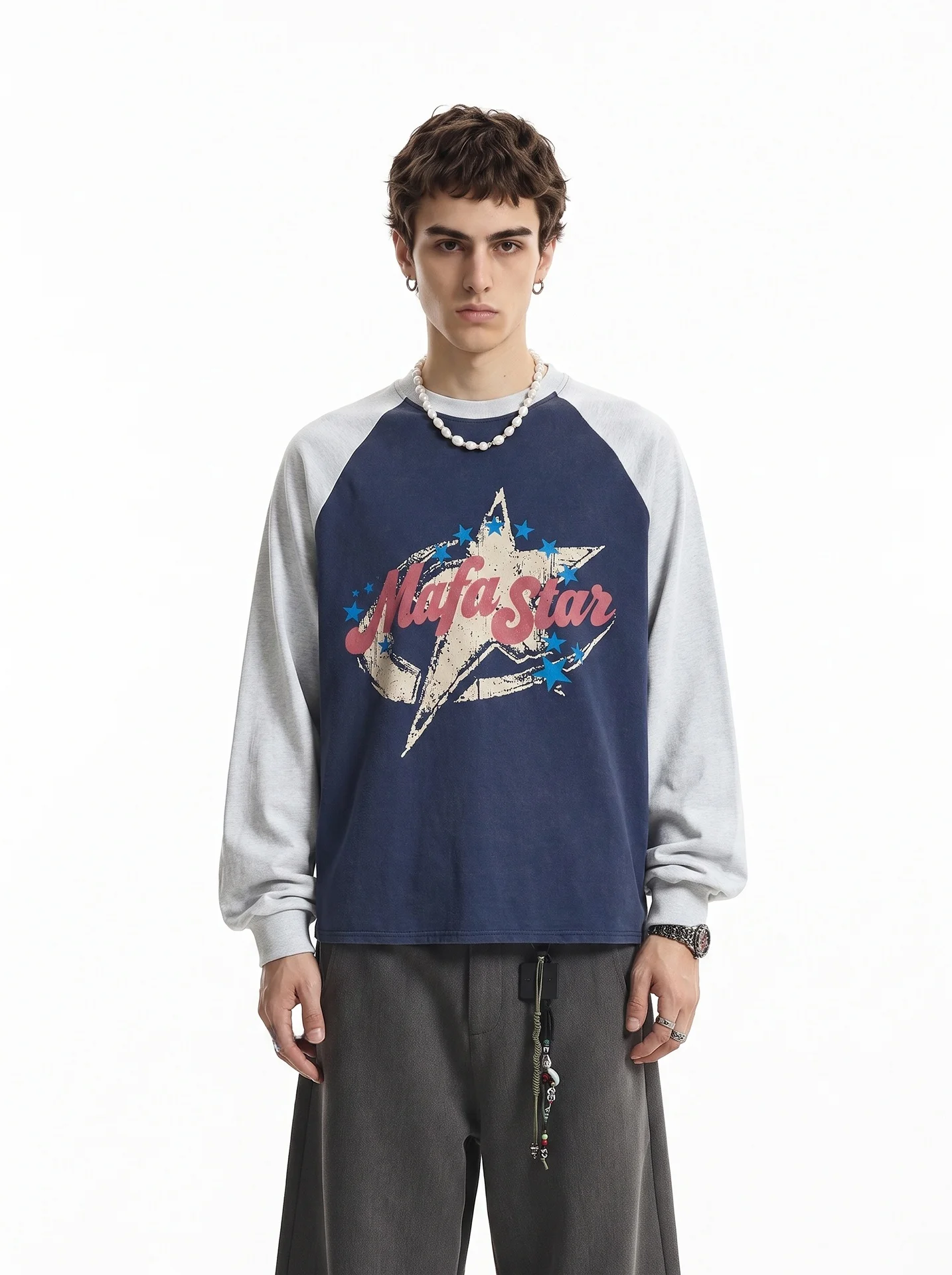 BETEBULE American High Street Vintage Print Color Block Long Sleeve T-Shirt Men's Autumn Loose Fashionable Casual Shirt
