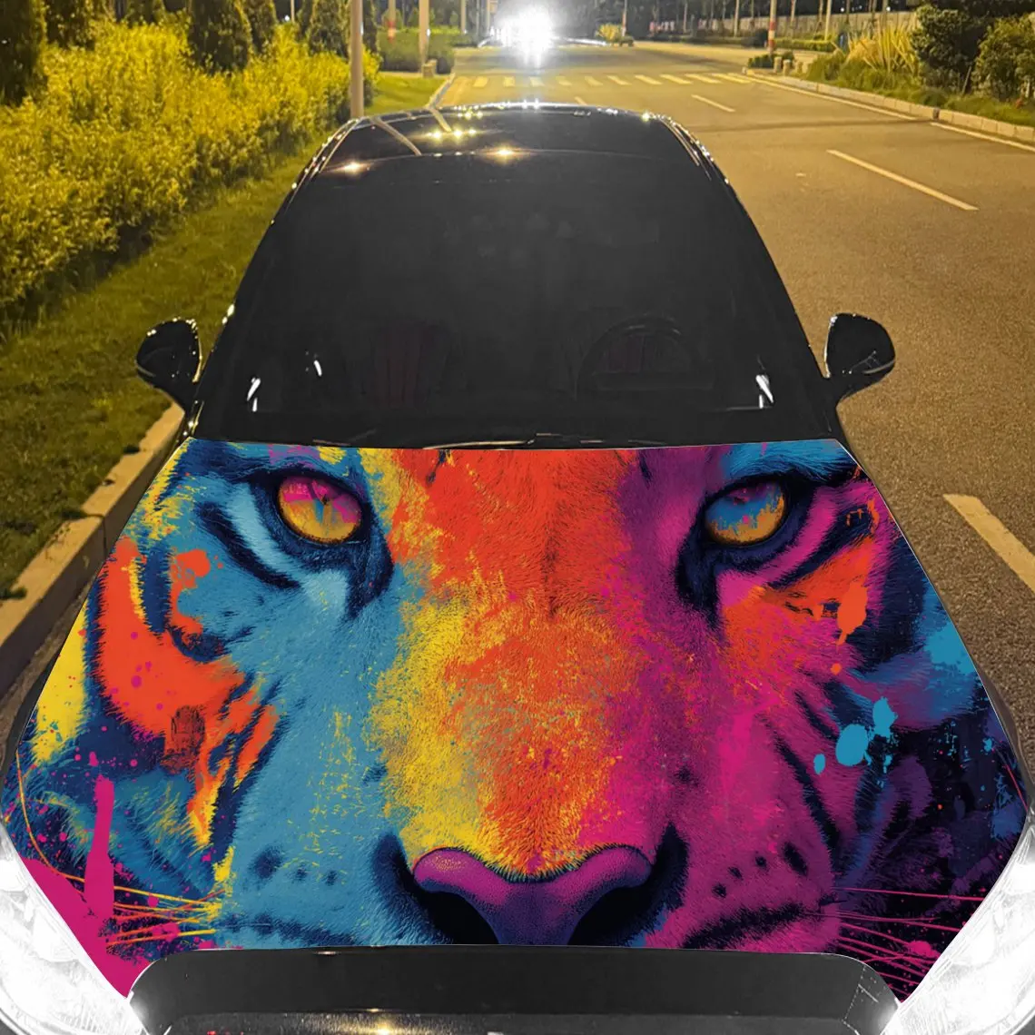 

Car Decal Tiger with Vibrant Color Splash Artistic Background & Ferocious-Expressive Aesthetic Car Hood Sticker, Waterproof Self