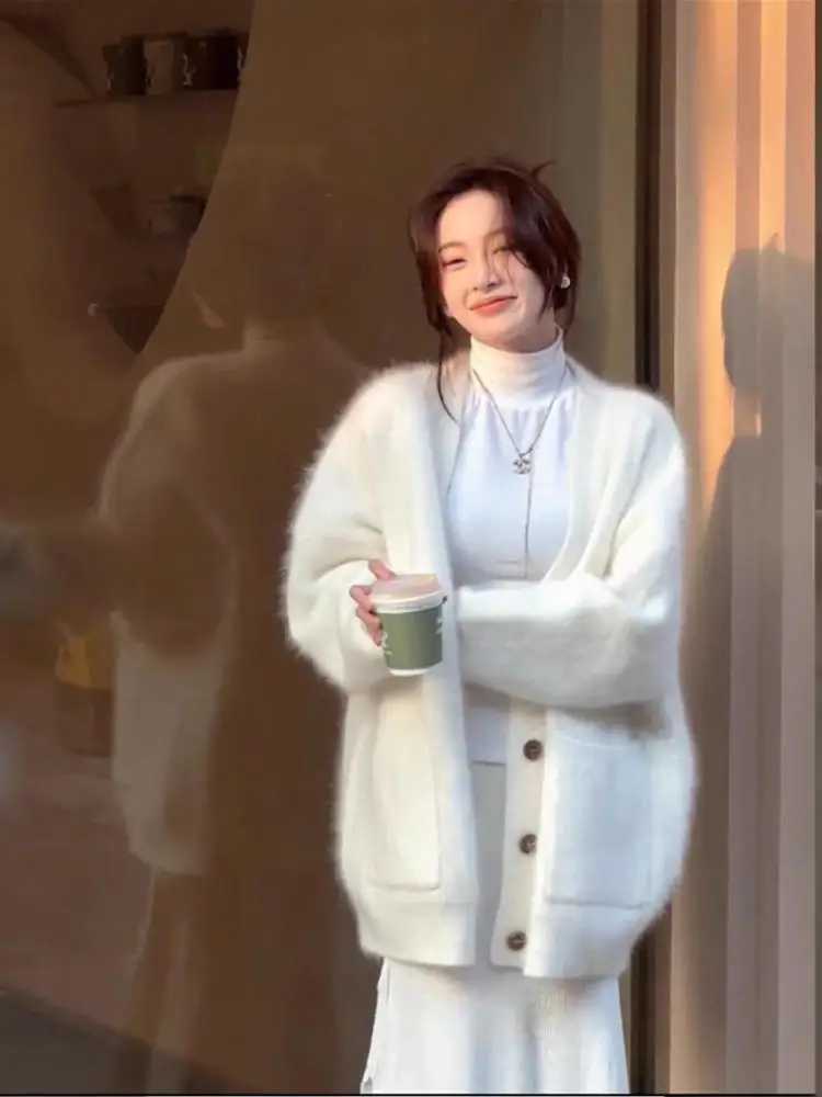 

Women White V Neck Holiday Versatile Cardigan Imitation Mink Sweater Autumn Winter Long Sleeve Single Breasted Knitted Tops 2025