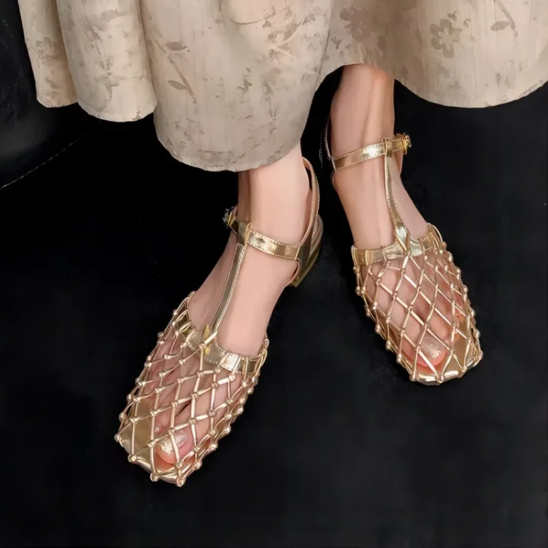 

Women's Braided Mesh Sandals Square Toe Low Heel Shoes Women's 2025 Summer New Trend Dress Chunky Designer Pump Sandalias Mujer