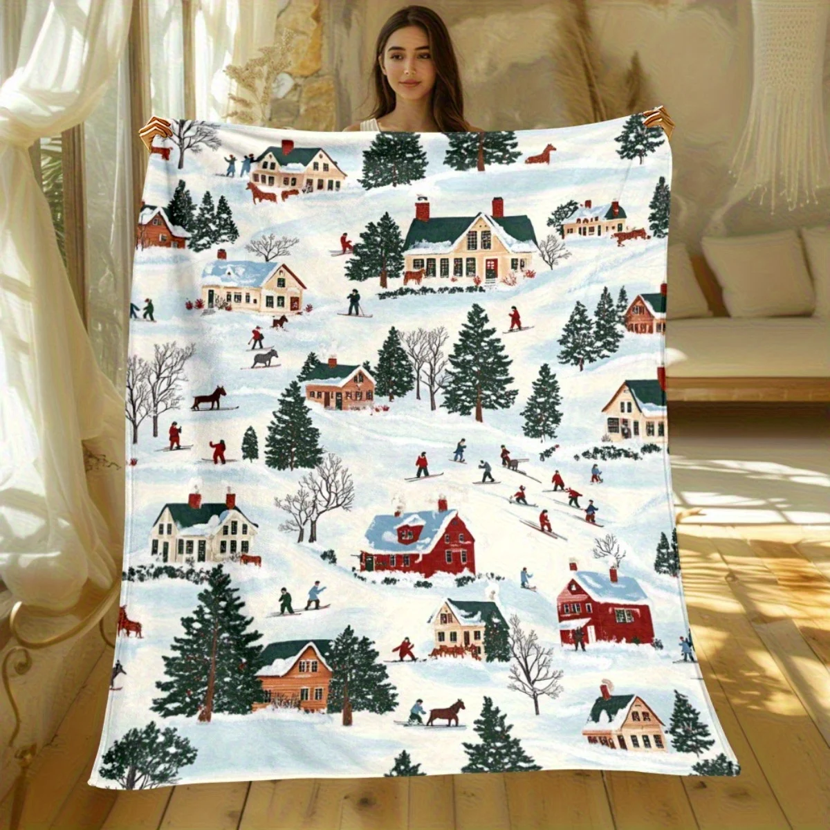 Winter Village Scene Snowy Houses Skiing People Flannel Blanket Christmas Holiday Theme Soft Warm Throw For Cozy Home Decor