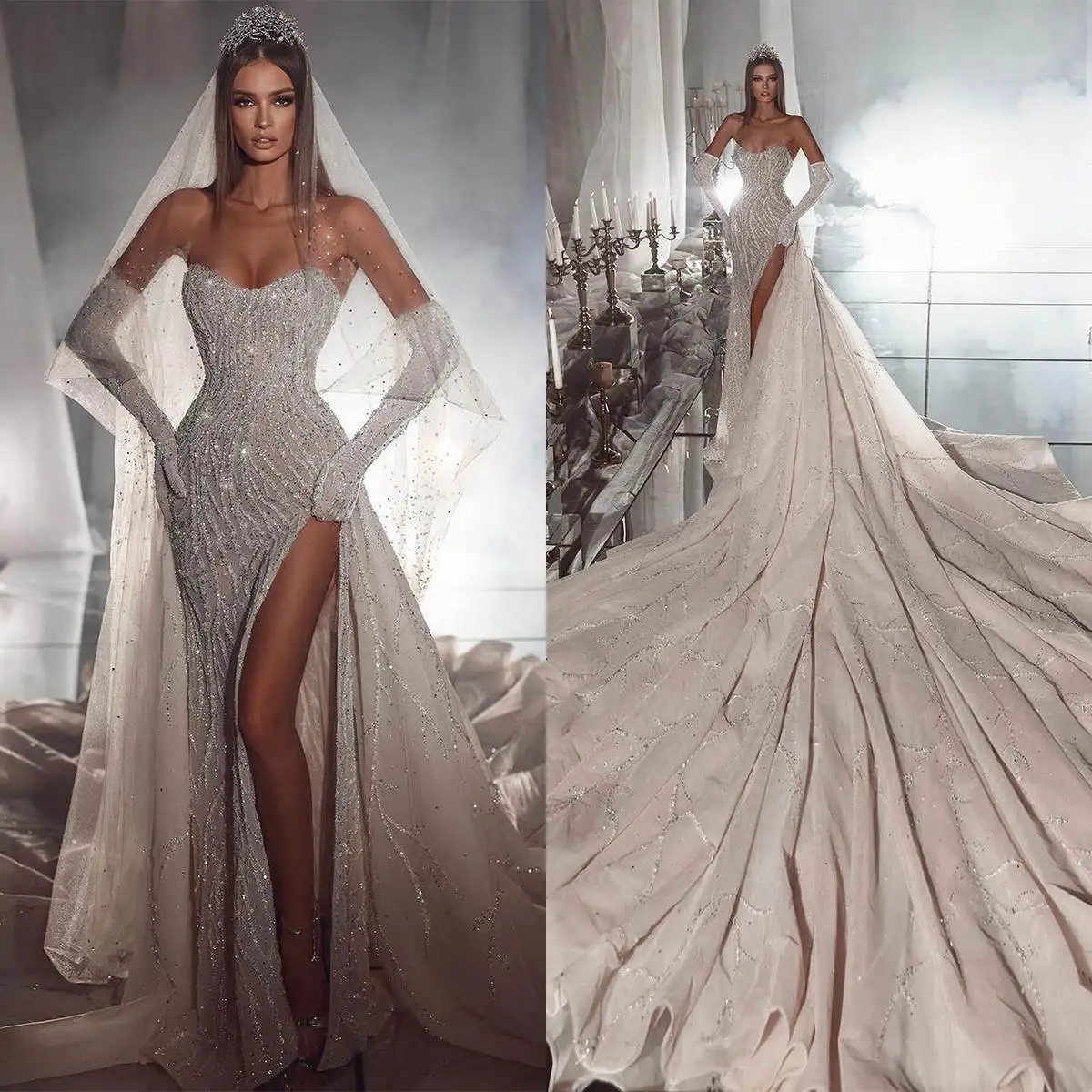 Robe de Mariée de Luxe à Paillettes pour Femme, Tenue Personnalisée avec Dos aux, Poignée et Traîne Amovible