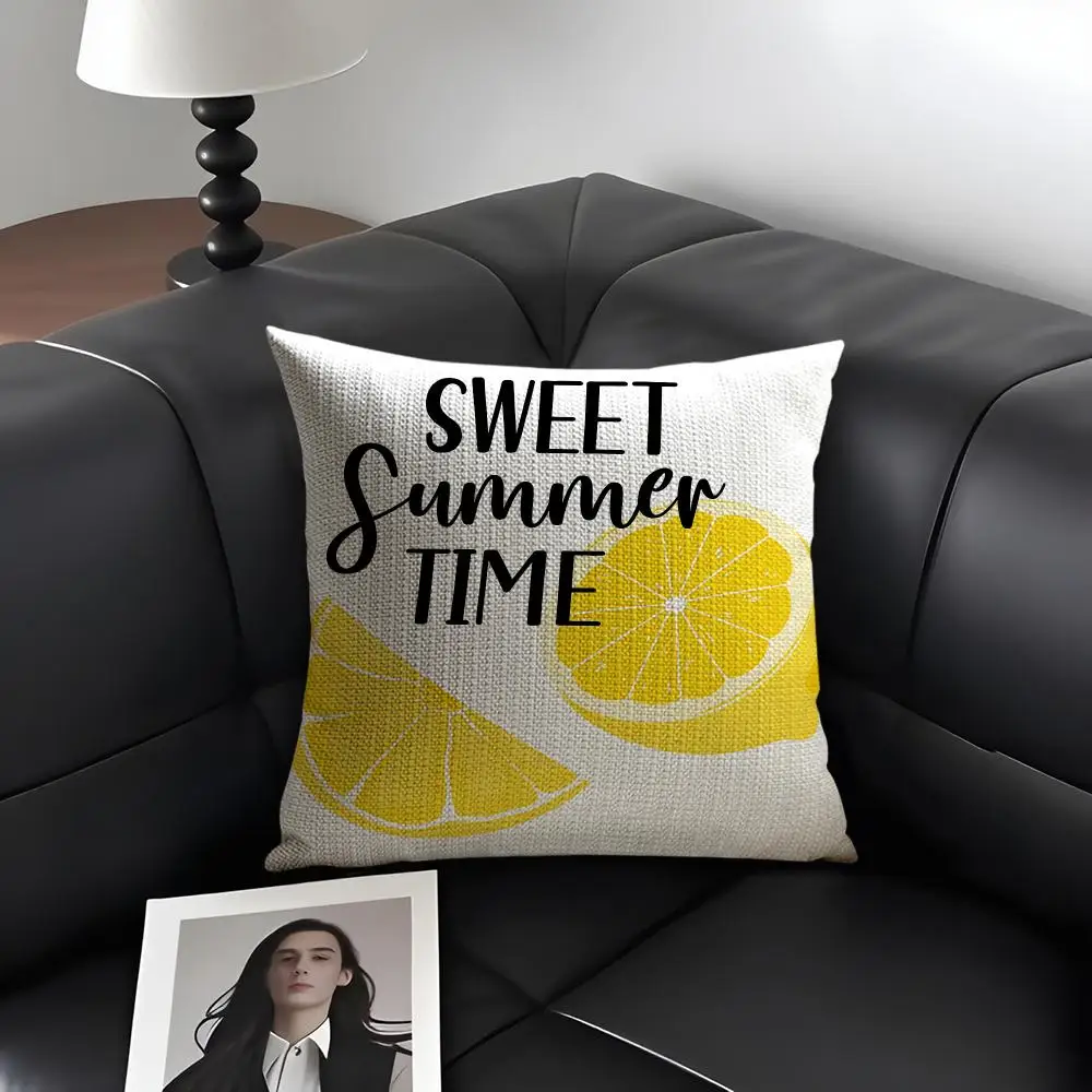 Watercolor Summer Lemon Cushion Cover Natural Linen Organic Fabric Double-Sided Printing Breathable Perfect Gift For Decor