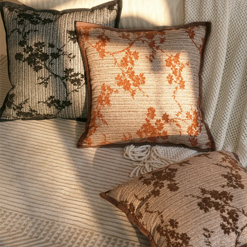 Italian Maillard Retro Plant Jacquard Cushion Cover Snow Neale Textured Pillowcase with Edging Farmhouse Sofa Bedroom Home Decor