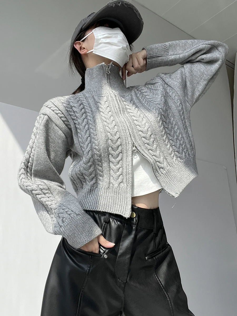 American Retro Twisted Zip Short Knitted Cardigan Women's Soft Loose Lazy Thickened Sweater Coat Warmth Heating Pure Color Sw...