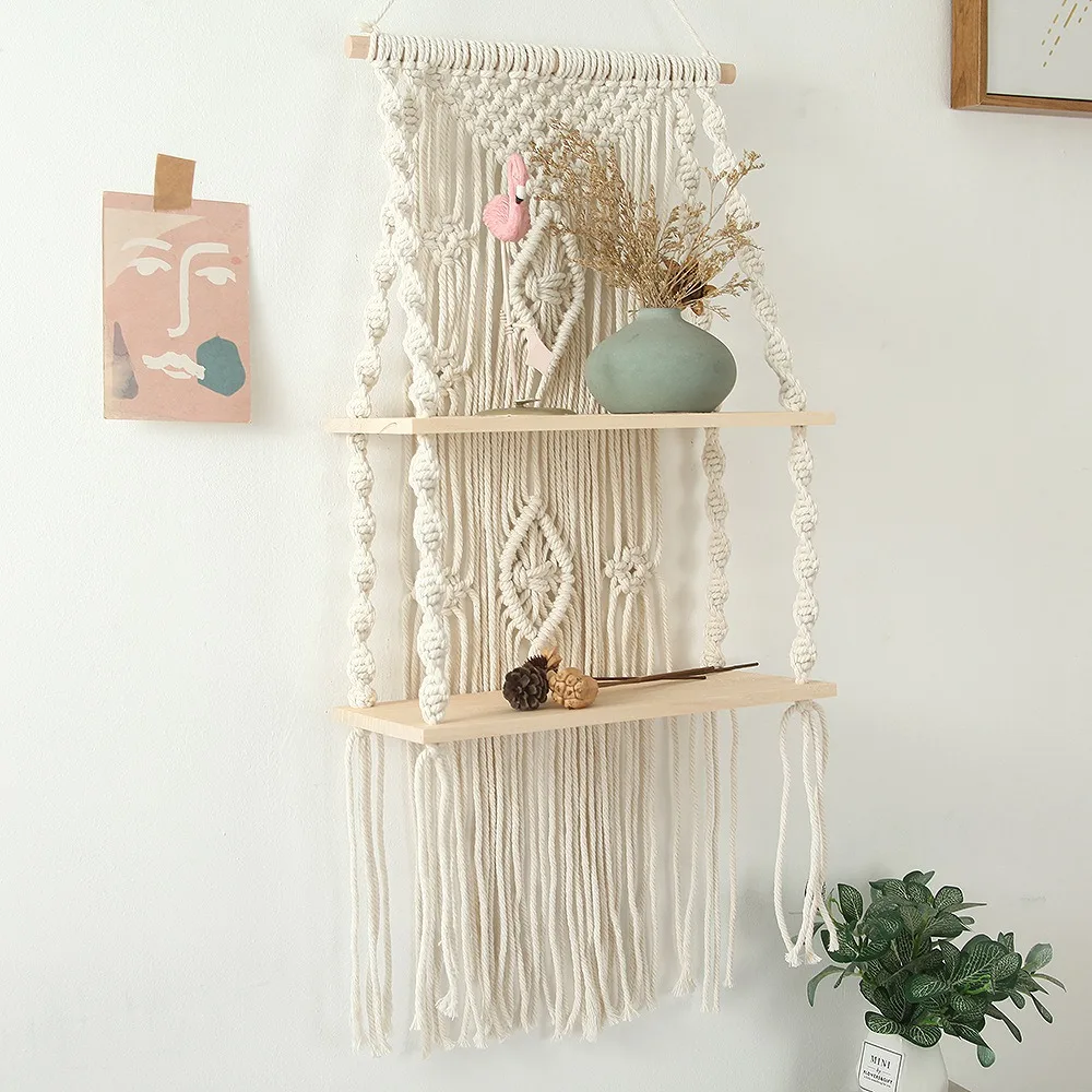 Handmade Tassel Macrame Wall Hanging Shelf Boho Cotton Rope Woven Tapestry Plant Hanger Floating Shelf Home Room Decor