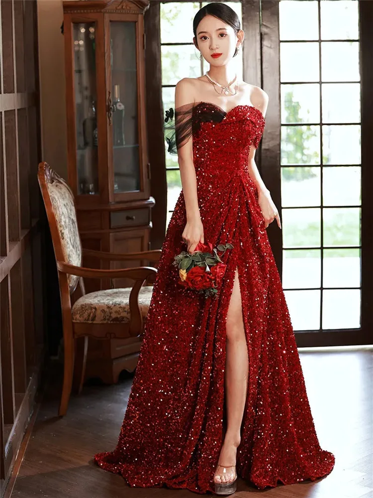 Dress Women's Clothing Spliced Sequin Lace Slit Strapless Long A-line Skirt Elegant Burgundy Evening Gown M279