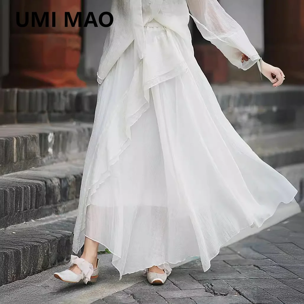 

UMI MAO Summer New Collection Homemade Tencel Wrinkled Half Skirt Cool Wind Lotus Leaf Edge Irregular Design Long Skirts Y2K