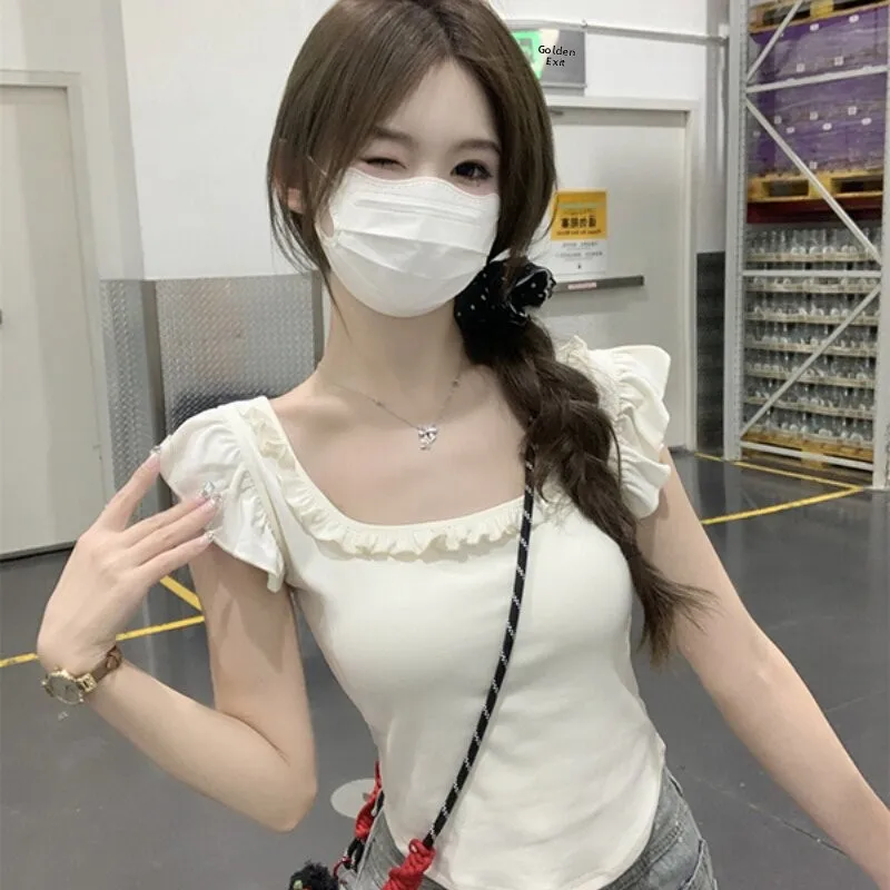 Summer Slim Fit Short Sleeve T-Shirt Women's Pure Cotton Square Collar Design Sensation Casual Versatile Fashionable Top