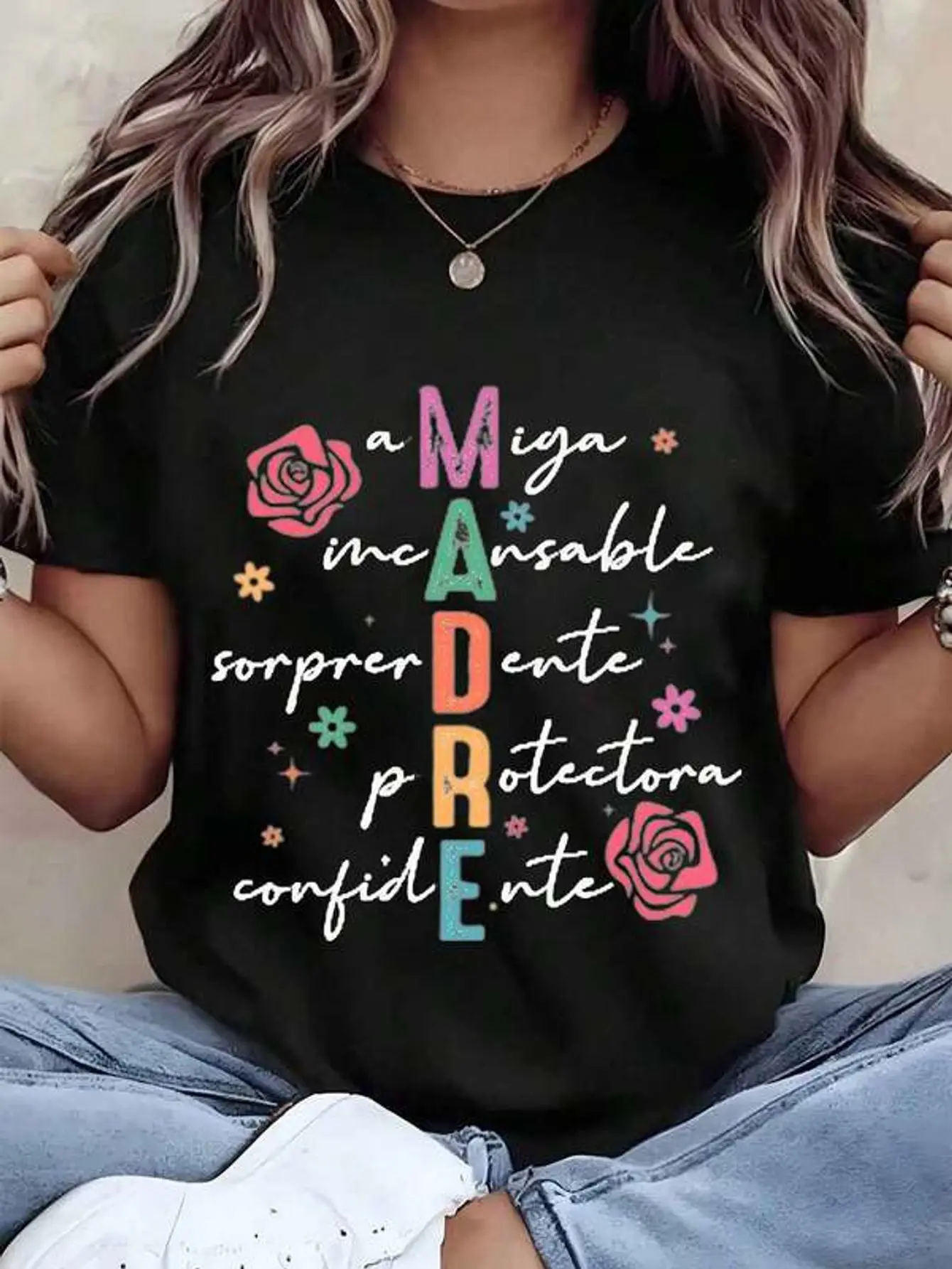 Women T Shirt Mother With Rose And Colorful Lettering Print Round Neck Regular Fit Casual Wear Gift For Mom 220g
