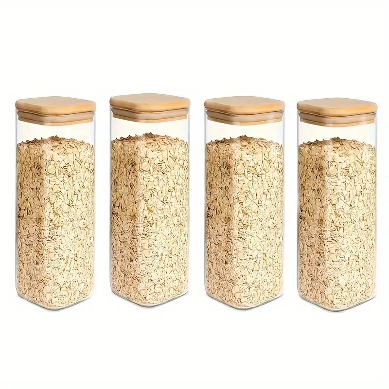 2/4 Pieces, 540Ml/1000Ml Glass Food Storage Jar with Bamboo Lid, Transparent Square Sealed Kitchen Storage Container Set, Stackable Glass Food