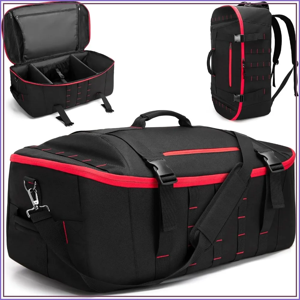 

65L Tactical Duffle Bag with Backpack Straps, Wet Pocket, Detachable Dividers for Travel, Sports, Military, Black