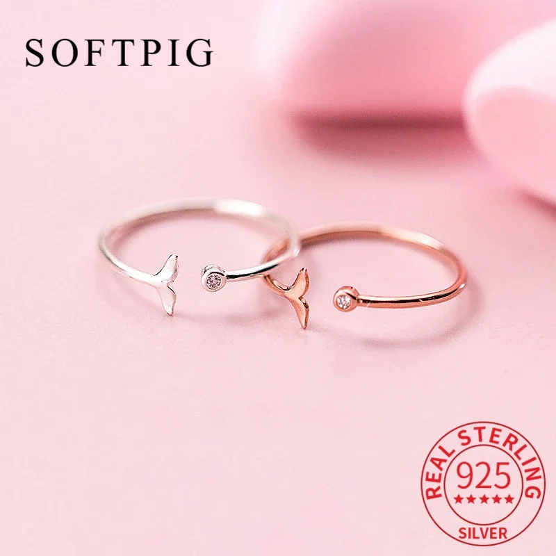 SOFTPIG Real 925 Sterling Silver Fish Tail Zircon Adjustable Ring For Women Cute Animal Fine Jewelry Accessories Birthday Party