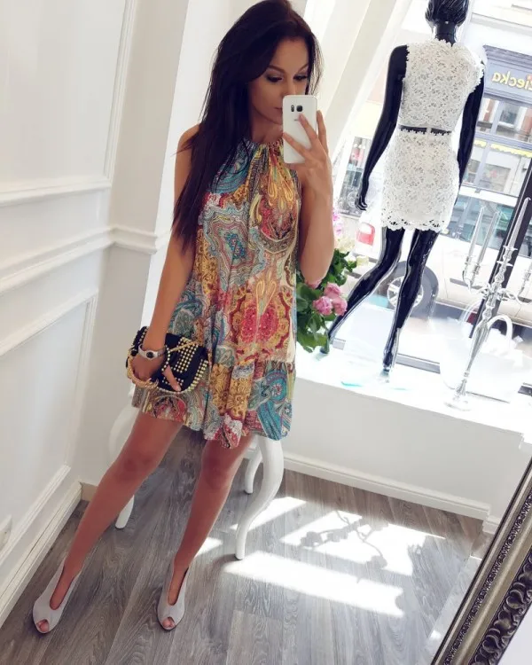 Dress Women Sexy Print Sleeveless Halter Camisole Mini Dress Summer Women Beach Elegant Ladies Dress Vestidos Dames Jurken