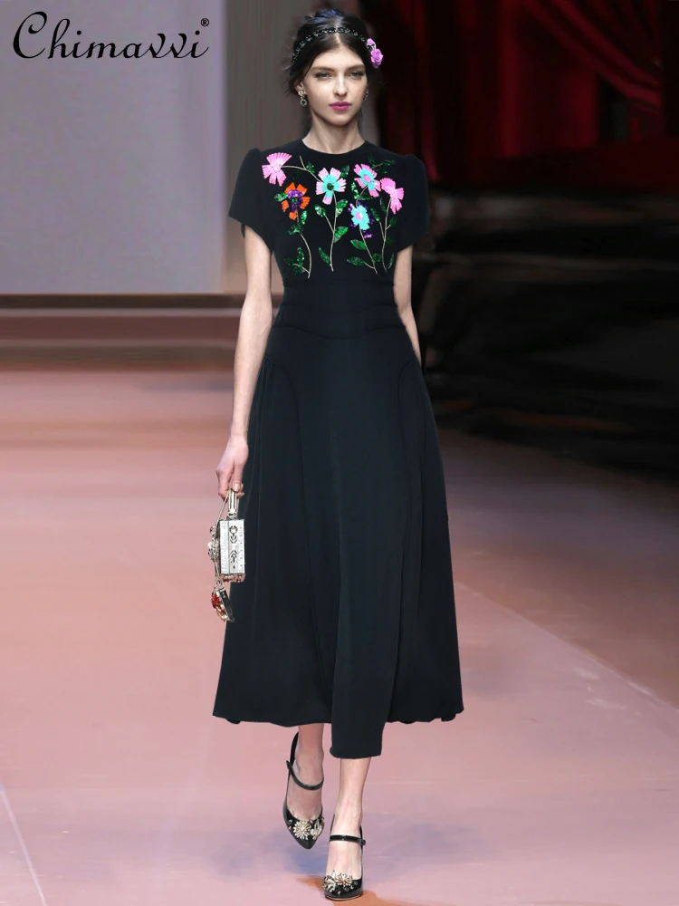 

French Heavy Industry 3D Sequin Embroidery Flower Round Neck Short Sleeve High Waist A-line Princess Evening Long Dress Women