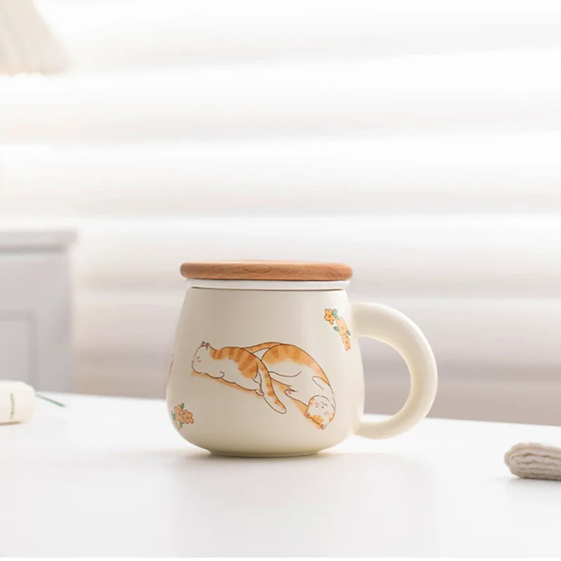 

Chinese Ceramic Tea Cup Handmade Cute Cat Teacup Tea Water Separation Mug with Strainer Office Water Cup Household Teaware 330ml
