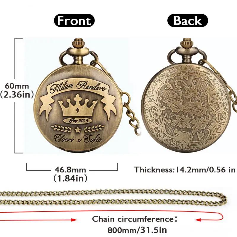 Vintage Antique Style Bronze Crown Design Quartz Pocket Watch Arabic Numerals Dial Pendant  Chain Necklace Clock for Men Women