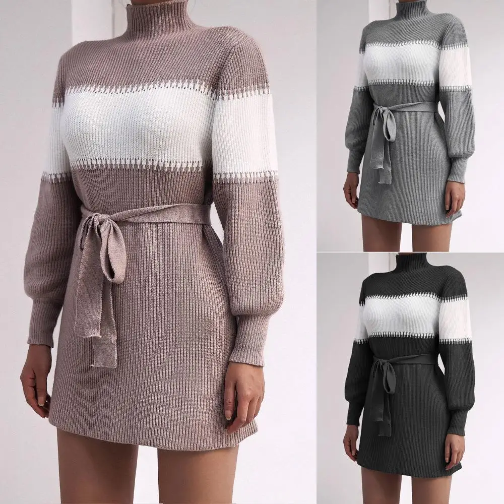 

Autumn Winter Long Sve Casual Color Blo f High Ne Knitted Dr Independent Station Cross Border Women's Faion