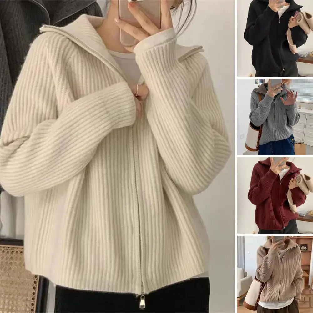 Dark Grey Knit Cardigan Double End Zipper Short Top Turndown Collar Coat Women Slim Warm Korean Fashion American Spring Fall