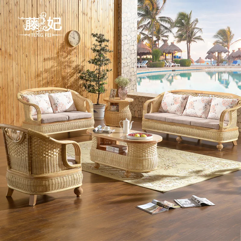 

Chinese-style Indonesian rattan art rattan sofa three-person combination living room small apartment natural back