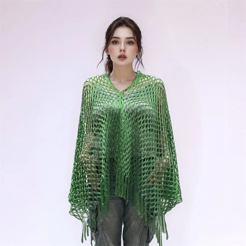Solid Color Tassel Sunscreen Cover-up Crochet Plus Size Knit Hollow Out Top Casual Loose Fit Fishnet Swimsuit Cover Up Vacation view 2