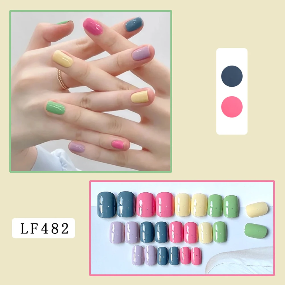 Unhas acrílicas falsas para a temporada de verão, bonito, doces, amarelo, verde, roxo, azul, rosa, dicas curtas, falso, ongles, pressione