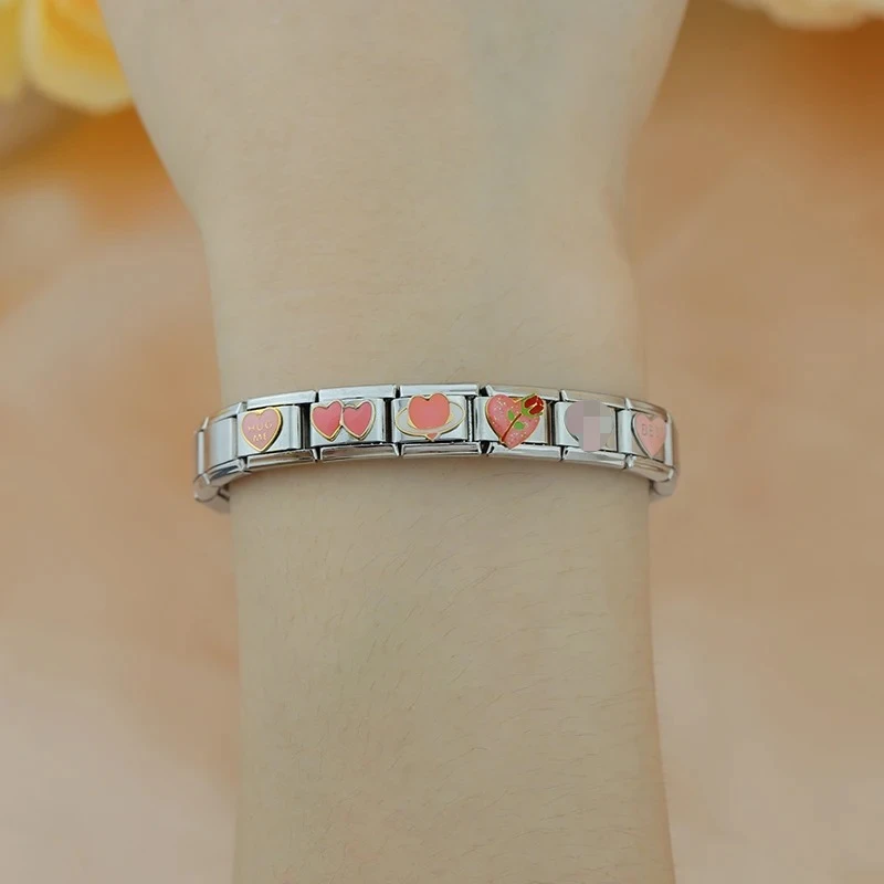 Hapiship 2024 Women\'s Pink Romantic Heart Cat Flower Italian Charms Links Beads Fit 9mm Stainless Steel Bracelet Jewelry ZH010