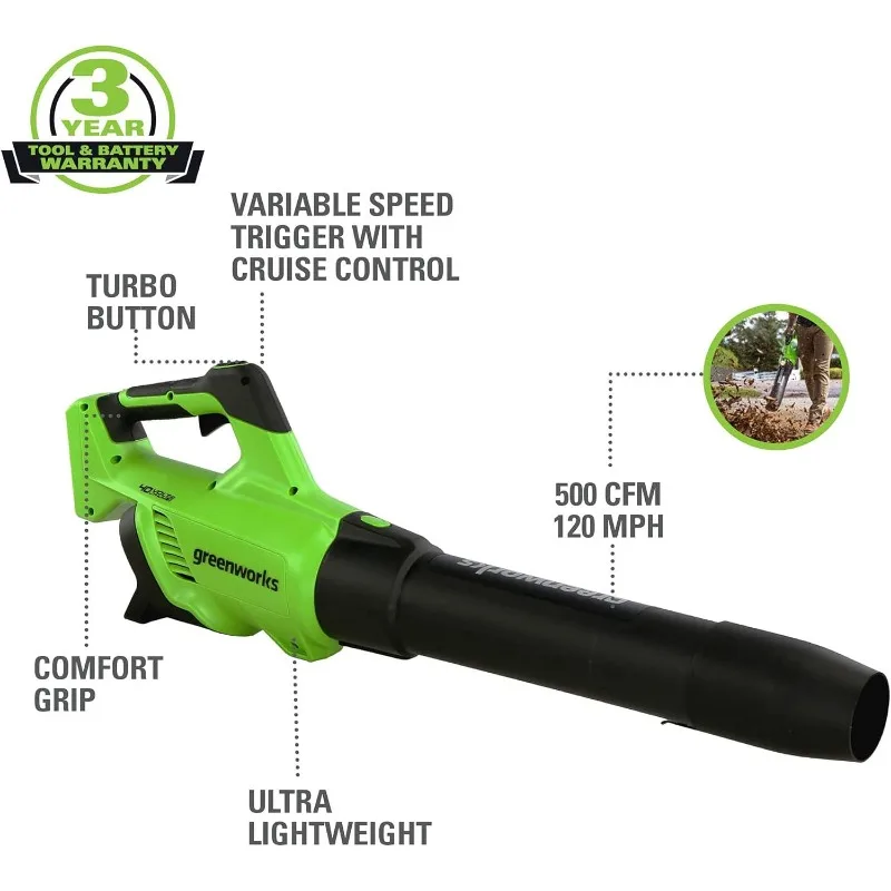 Greenworks 40V 20 "เครื่องตัดหญ้าไร้สาย Push,Axial Leaf Blower 500 CFM / 120 MPH,12" String Trimmer 2 แบตเตอรี่ 5Ah + 2Ah เครื่องชาร์จ