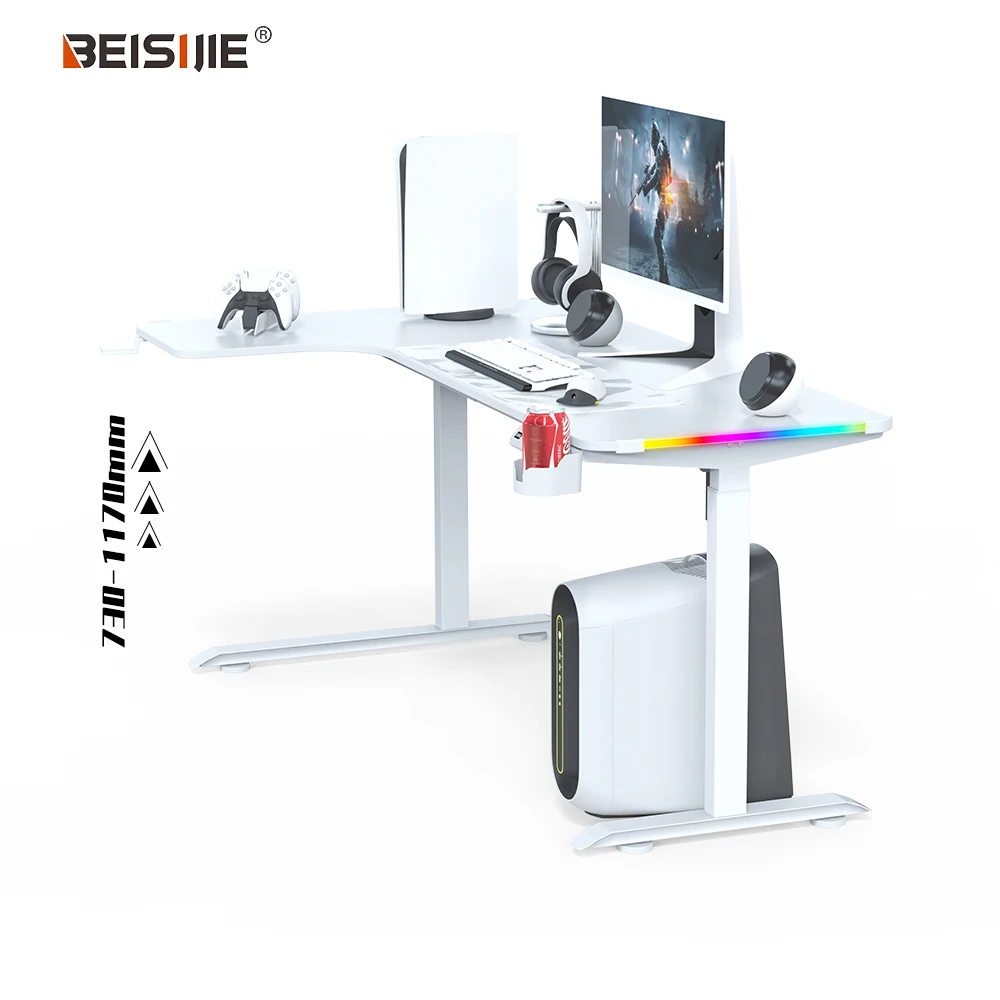 Gaming Desk 55 Inch Large Manual Height Adjustable Gaming Computer Desk With White Frame Carbon Fiber Desktop