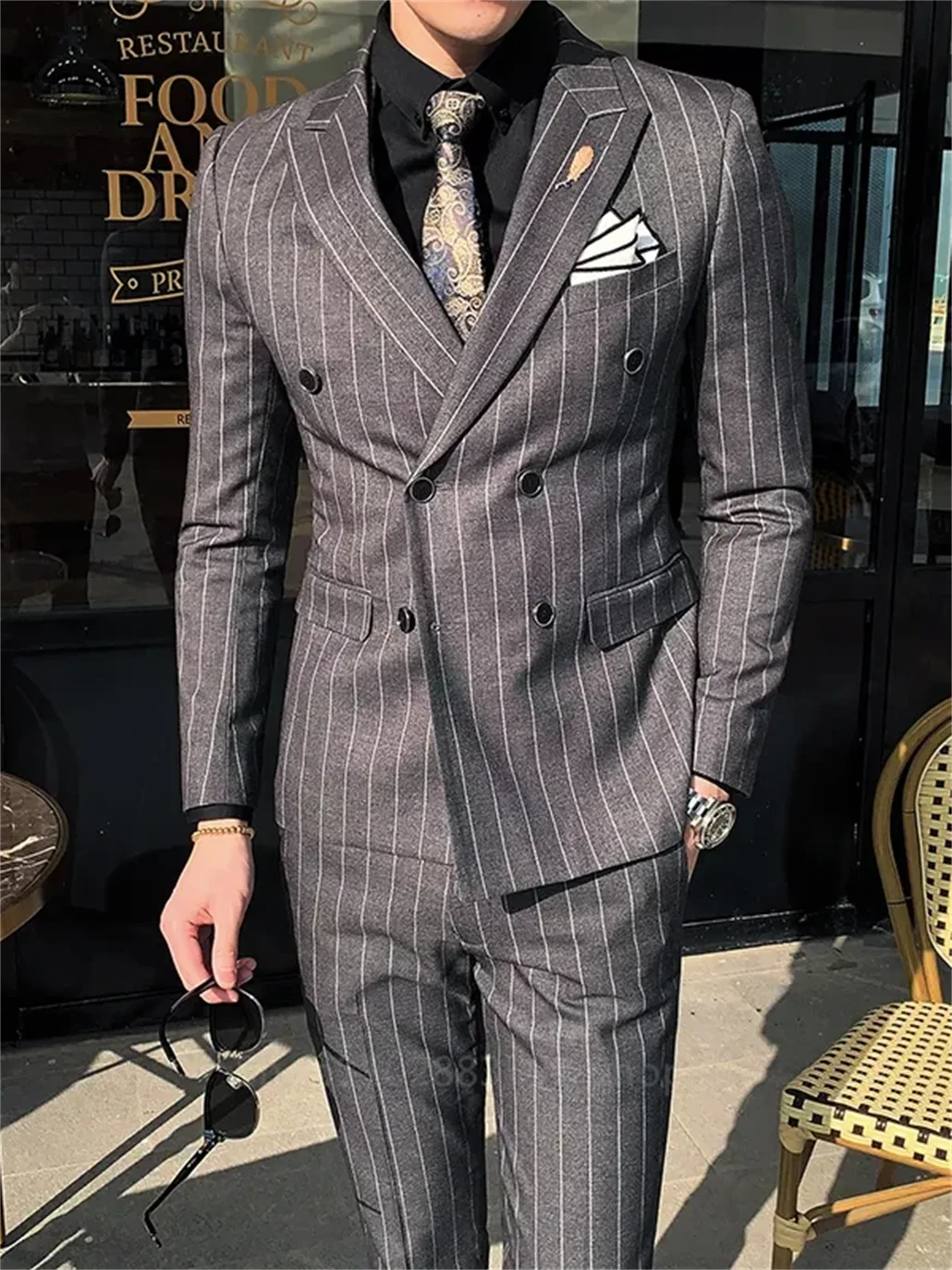 

Korean Edition Double Breasted Suit Wedding Banquet Sets 2 Pieces Vertical Stripe Men's Suit Homme Slim Fit Business