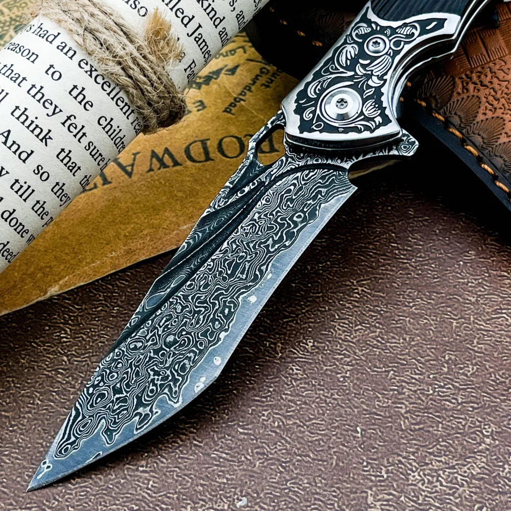 Acampamento ao ar livre caça faca de pesca urso preto dobrável lâmina de aço damasco ébano lidar com multi-função sobrevivência ferramentas edc