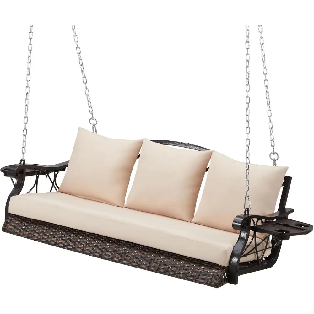 Person Wicker Porch Swing Chair Heavy Duty 900 LBS Outdoor Rattan Patio Swing Chair with Cup-Holder & Steel Chains Hanging Bench