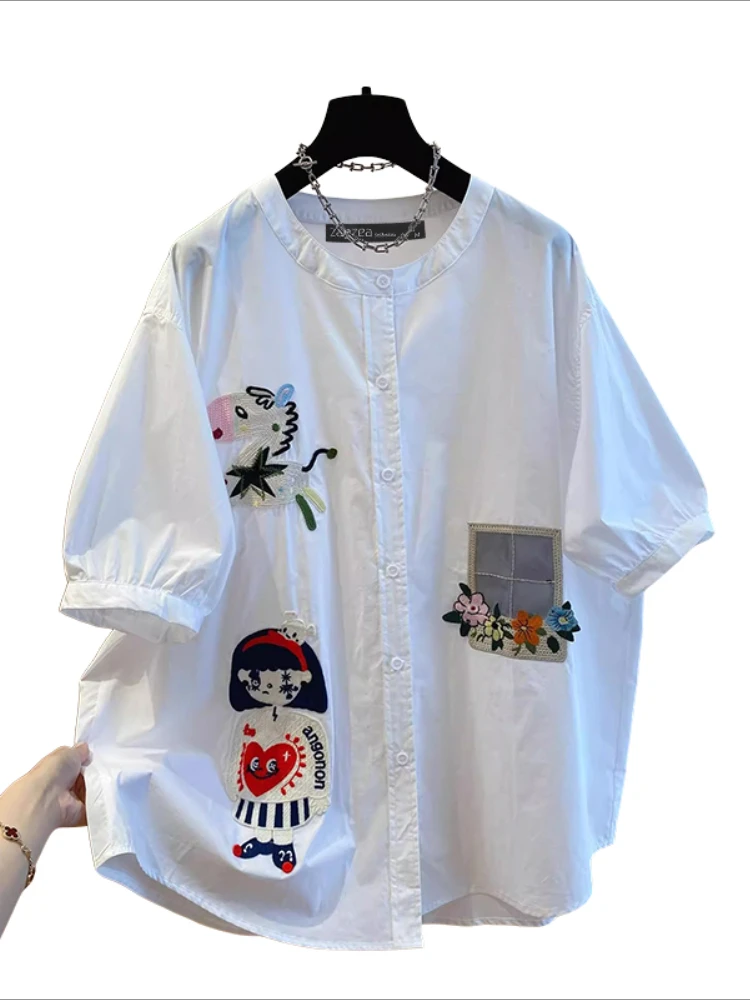 ZANZEA Summer Shirts Fashion Women O Neck Short Sleeve Blouse Casual Buttons Blusas Stylish Cartoon Tops Female Chemise Oversize