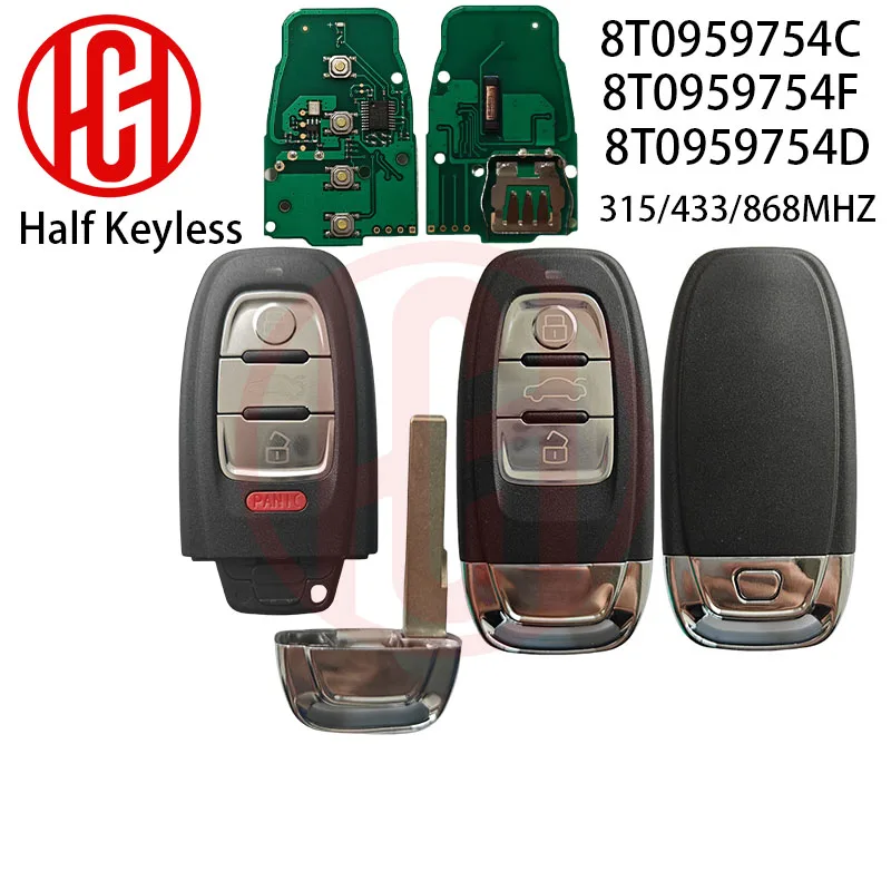 ID46 Chip Half Keyless Smart Key Fob For Audi Q5 A4L A5 A6 A7 A8 RS4 RS5 S4 S5 A4 315MHz 433MHz 868MHz 3/4Buttons 8T0959754C/D/F